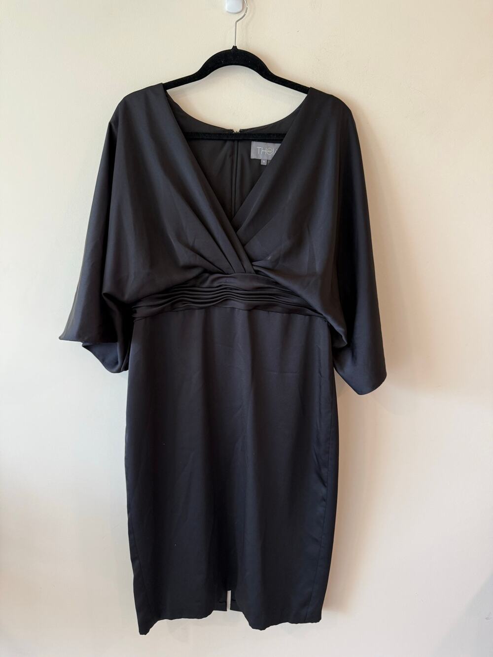Theia Midi Dress Women's Size 16 Black Surplice Neck Kimono Sleeve Back Zipper